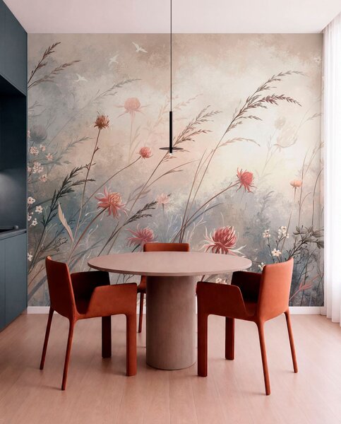 Carta da parati Delicati fiori di campo in un paesaggio nebbioso dai toni pastello, Carta da parati Acquerello, w05538 : Uwalls.it