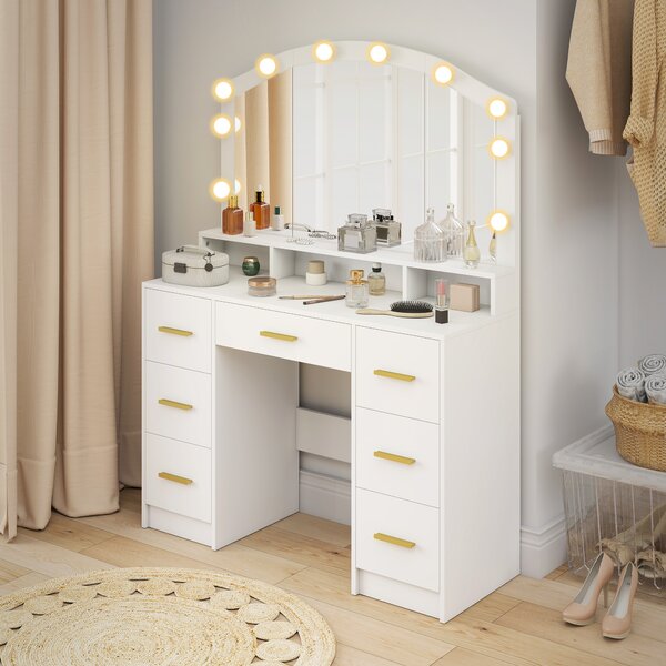 HOMCOM Toeletta per Trucco con Luci LED a 3 Colorazioni e Specchio, 7 Cassetti e 3 Scomparti, 110x40x150 cm, Bianco | Aosom Italy