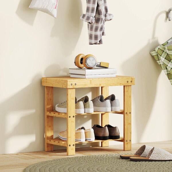 HOMCOM Panca portascarpe per scarpe con 2 ripiani e seduta, Scarpiera in bambù per ingresso, 50x28x45cm, naturale | Aosom Italy
