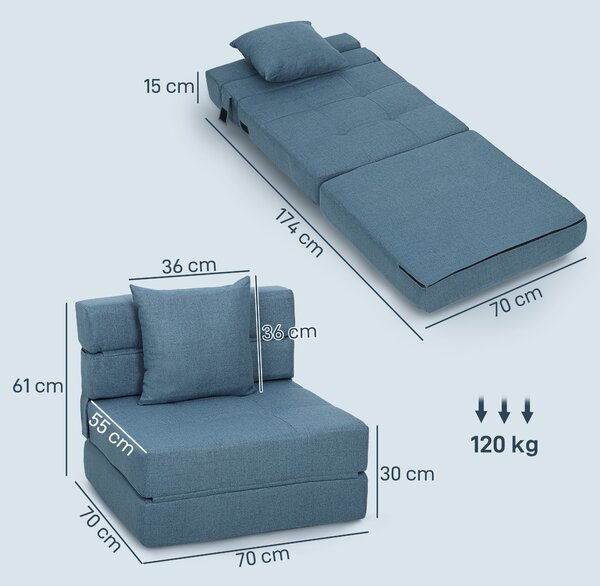 HOMCOM Poltrona-letto con 1 cuscino sfoderabile, divano-letto convertibile 1 posto in tessuto, 70x70x61 cm, Blu scuro | Aosom Italy