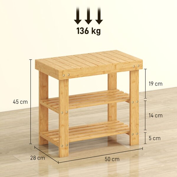 HOMCOM Panca portascarpe per scarpe con 2 ripiani e seduta, Scarpiera in bambù per ingresso, 50x28x45cm, naturale | Aosom Italy