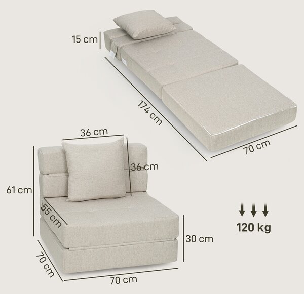 HOMCOM Poltrona-letto con 1 cuscino sfoderabile, divano-letto convertibile 1 posto in tessuto, 70x70x61 cm, Beige | Aosom Italy