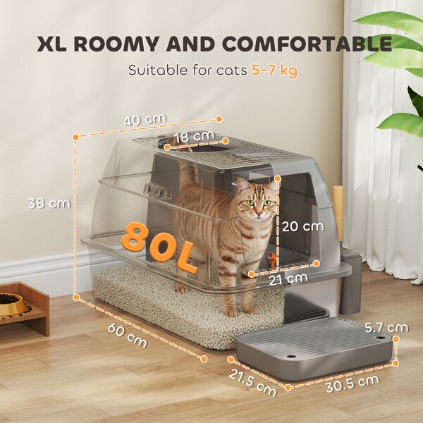 PawHut Lettiera chiusa per gatto con coperchio inossidabile e pedana anti-dispersione, 60x40x38cm, Grigio scuro | Aosom Italy