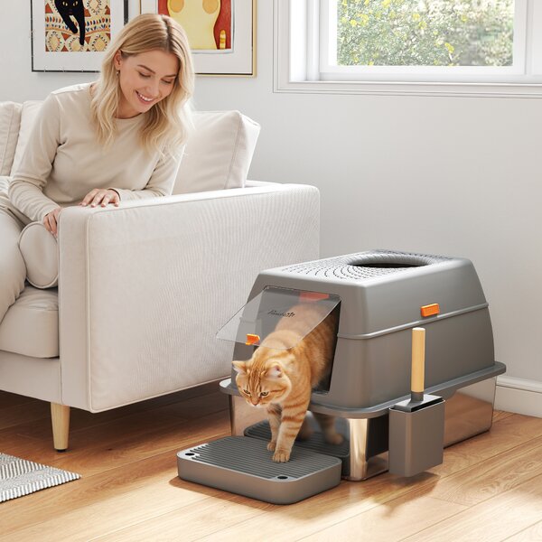 PawHut Lettiera chiusa per gatto con coperchio inossidabile e pedana anti-dispersione, 60x40x38cm, Grigio scuro | Aosom Italy