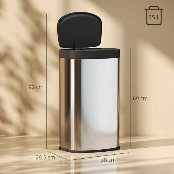 HOMCOM Pattumiera da cucina automatica con coperchio a chiusura morbida, 55 L in acciaio inossidabile, 38x28,5x69 cm, argento | Aosom Italy