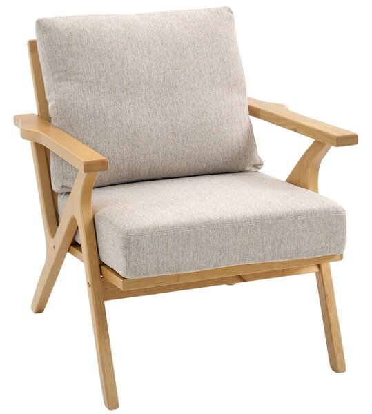 HOMCOM Poltrona da salotto con cuscini imbottiti e gambe in legno di hevea, Sedia scandinava in tessuto effetto lino, 76x87x88 cm, beige | Aosom Italy