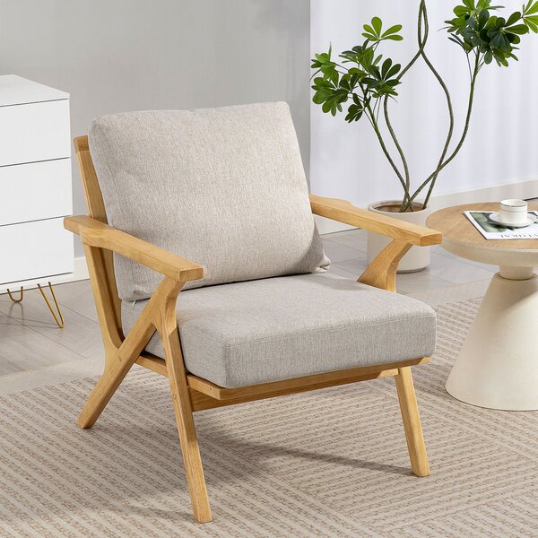 HOMCOM Poltrona da salotto con cuscini imbottiti e gambe in legno di hevea, Sedia scandinava in tessuto effetto lino, 76x87x88 cm, beige | Aosom Italy
