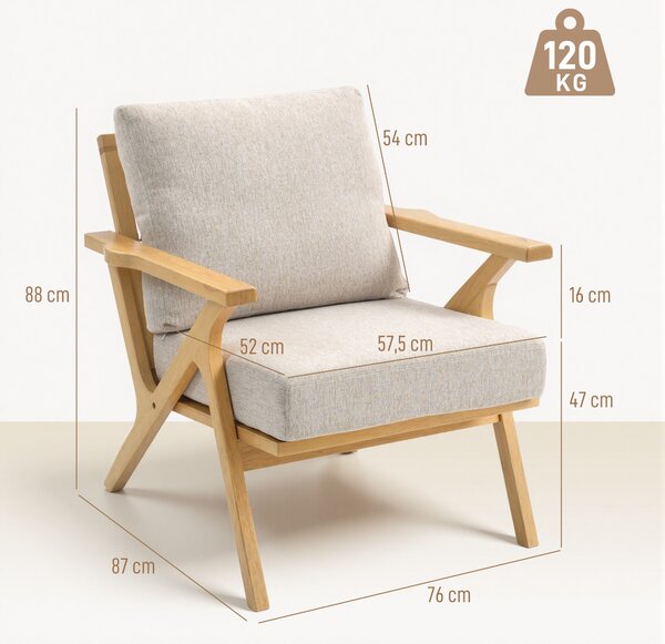 HOMCOM Poltrona da salotto con cuscini imbottiti e gambe in legno di hevea, Sedia scandinava in tessuto effetto lino, 76x87x88 cm, beige | Aosom Italy