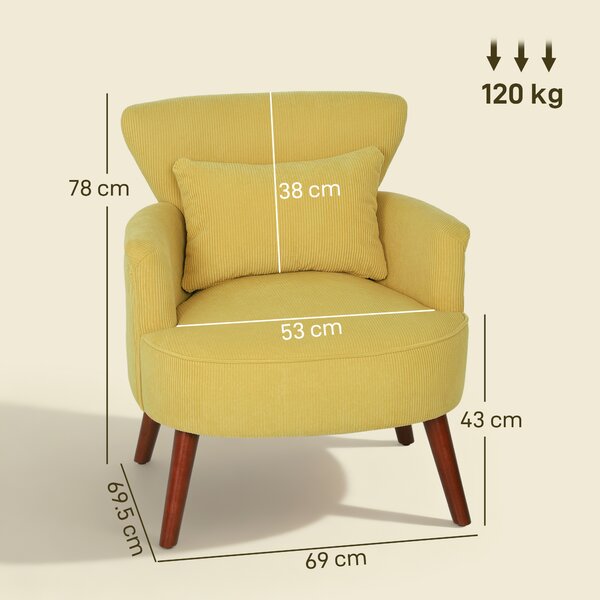 HOMCOM Poltrona Moderna con braccioli e cuscino lombare, Sedia imbottita con gambe in legno di caucciù, 69x69,5x78 cm, Giallo | Aosom Italy