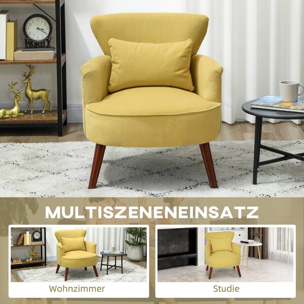 HOMCOM Poltrona Moderna con braccioli e cuscino lombare, Sedia imbottita con gambe in legno di caucciù, 69x69,5x78 cm, Giallo | Aosom Italy