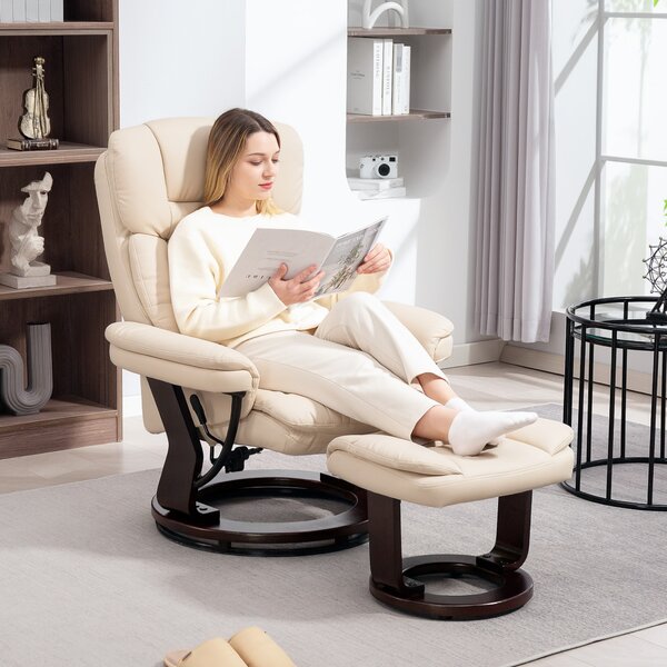 HOMCOM Poltrona da salotto con poggiapiedi, Sedia girevole in PU con schienale reclinabile e seduta imbottita, 86x83x107 cm, crema | Aosom Italy