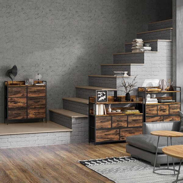 HOMCOM Cassettiera con 6 Cassetti Pieghevoli in Tessuto, Struttura in Acciaio e Stile Industriale 79x29x85 cm, Marrone Rustico | Aosom Italy