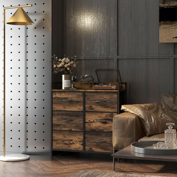 HOMCOM Cassettiera con 6 Cassetti Pieghevoli in Tessuto, Struttura in Acciaio e Stile Industriale 79x29x85 cm, Marrone Rustico | Aosom Italy