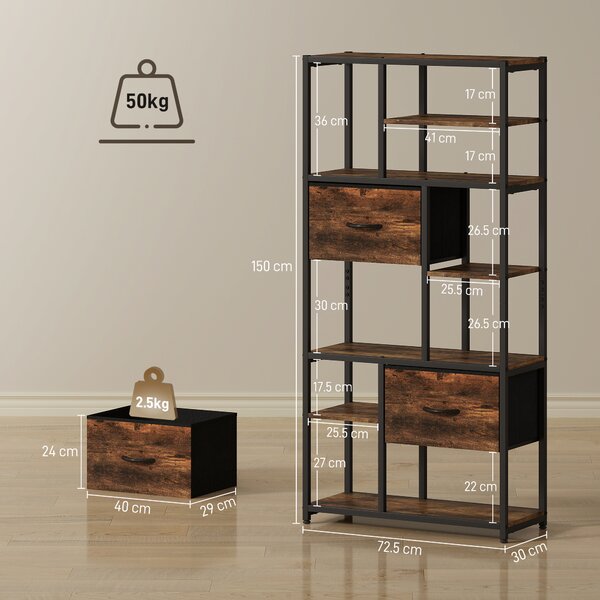 HOMCOM Libreria con 2 cassetti in tessuto e 9 scomparti aperti, Scaffale contenitore con telaio in acciaio, 72,5x30x150 cm, Marrone | Aosom Italy