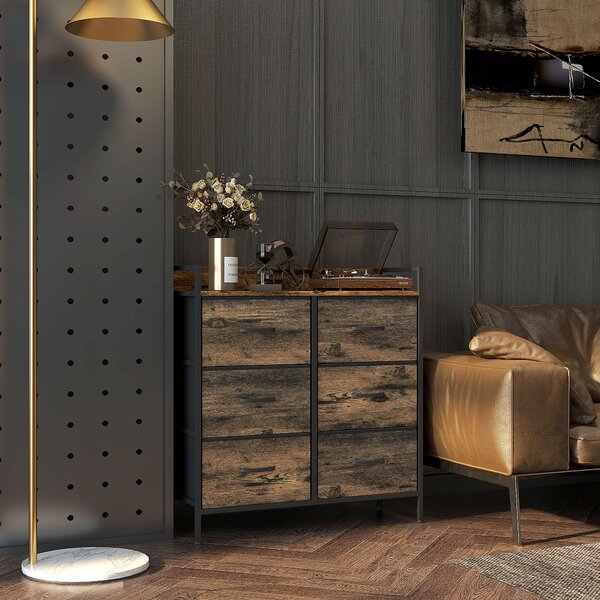 HOMCOM Cassettiera con 6 Cassetti Pieghevoli in Tessuto, Struttura in Acciaio e Stile Industriale 79x29x85 cm, Marrone Rustico | Aosom Italy
