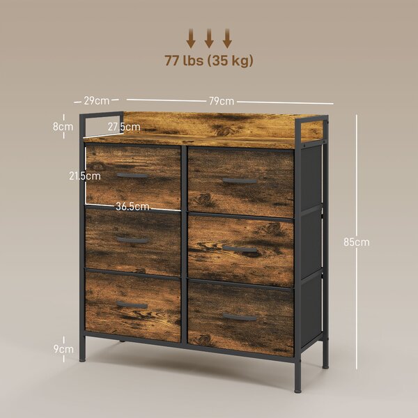 HOMCOM Cassettiera con 6 Cassetti Pieghevoli in Tessuto, Struttura in Acciaio e Stile Industriale 79x29x85 cm, Marrone Rustico | Aosom Italy