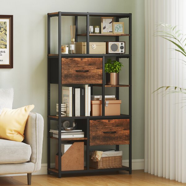 HOMCOM Libreria con 2 cassetti in tessuto e 9 scomparti aperti, Scaffale contenitore con telaio in acciaio, 72,5x30x150 cm, Marrone | Aosom Italy