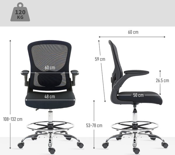 HOMCOM Sedia Moderno da ufficio ergonomica con supporto lombare 4D e braccioli ribaltabili, 60x60x108-132 cm, nero | Aosom Italy