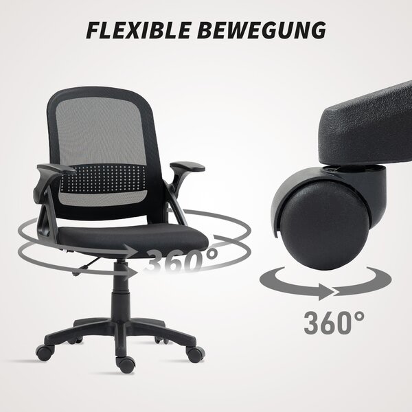 HOMCOM Sedia da Ufficio in Mesh Traspirante, Sedia Girevole Ergonomica con Braccioli Ribaltabili e Supporto Lombare, Nero | Aosom Italy