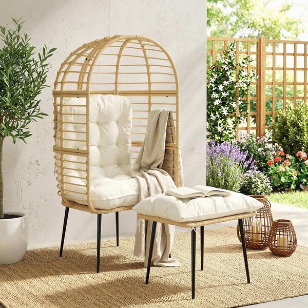 Outsunny Poltrona da Giardino con Poggiapiedi, Forma a Uovo, Poltrona a Cesta con Cuscini Lunghi e Spessi, Telaio Metallico, Beige | Aosom Italy
