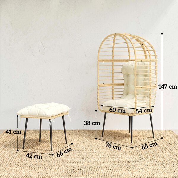 Outsunny Poltrona da Giardino con Poggiapiedi, Forma a Uovo, Poltrona a Cesta con Cuscini Lunghi e Spessi, Telaio Metallico, Beige | Aosom Italy