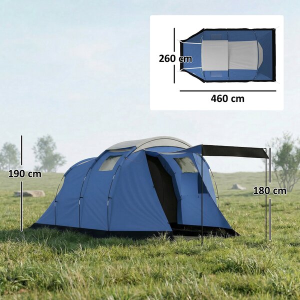Outsunny Tenda da Campeggio Tunnel per 4 Persone Impermeabile, con Telo Antipioggia Rimovibile e Tappeto in Plastica, Altezza 190 cm, Blu Scuro | Aosom Italy