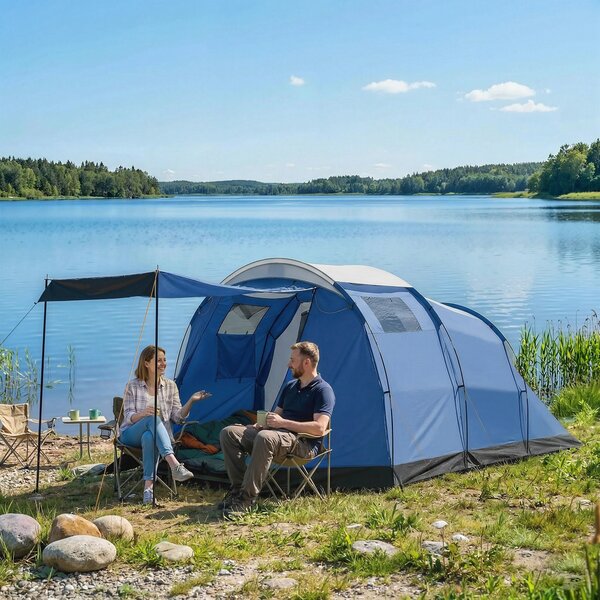 Outsunny Tenda da Campeggio Tunnel per 4 Persone Impermeabile, con Telo Antipioggia Rimovibile e Tappeto in Plastica, Altezza 190 cm, Blu Scuro | Aosom Italy