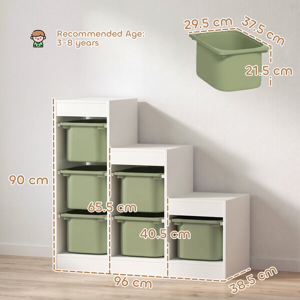 AIYAPLAY Scaffale Portagiochi a 3 Livelli con 6 Contenitori per Bambini da 3-8 Anni, 96x38.5x90cm, Verde | Aosom Italy