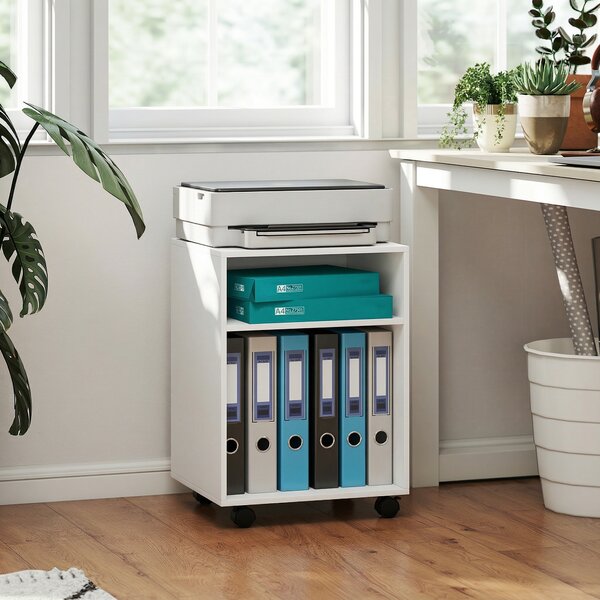 HOMCOM Mobile Porta Stampante con 2 Ripiani Aperti e Ruote Bloccabili, per Ufficio e Casa, 40x35x56 cm, Bianco | Aosom Italy
