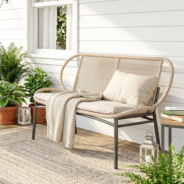 Outsunny Panchina da Giardino 2 Posti, Panchina da Esterno in Resina Intrecciata con Telaio in Metallo, Resistente alle Intemperie, Naturale | Aosom Italy