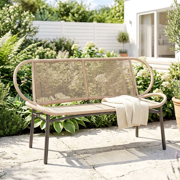 Outsunny Panchina da Giardino 2 Posti, Panchina da Esterno in Resina Intrecciata con Telaio in Metallo, Resistente alle Intemperie, Naturale | Aosom Italy
