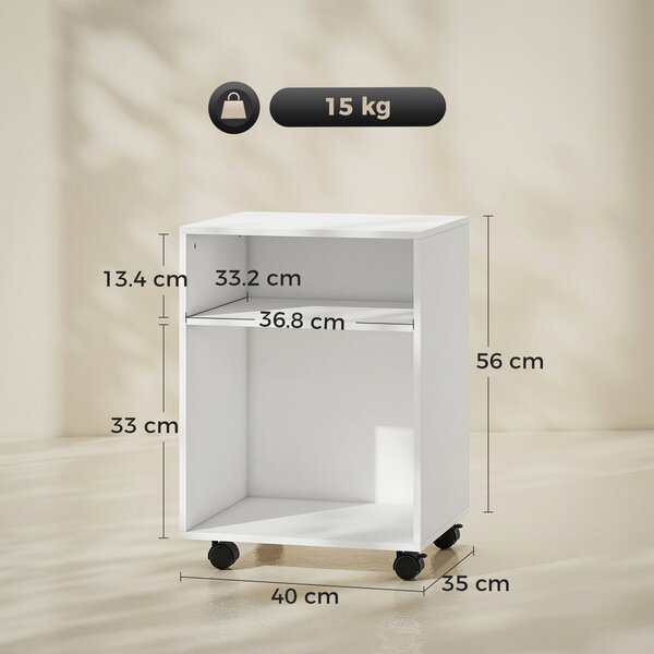 HOMCOM Mobile Porta Stampante con 2 Ripiani Aperti e Ruote Bloccabili, per Ufficio e Casa, 40x35x56 cm, Bianco | Aosom Italy