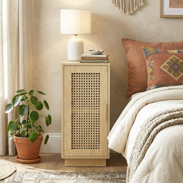 HOMCOM Set da 2 Comodini con Ripiano Regolabile e Anta in Resina Intrecciata, Stile Boho, 25x30x60 cm, Legno Naturale | Aosom Italy