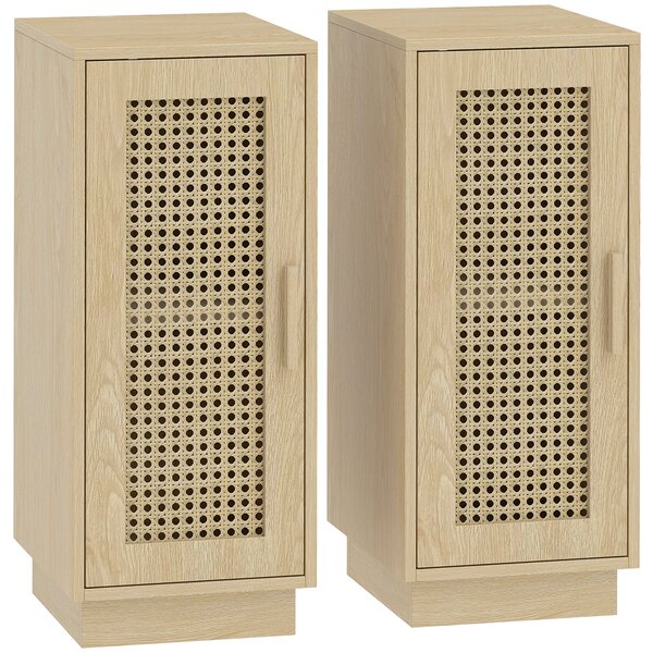 HOMCOM Set da 2 Comodini con Ripiano Regolabile e Anta in Resina Intrecciata, Stile Boho, 25x30x60 cm, Legno Naturale | Aosom Italy