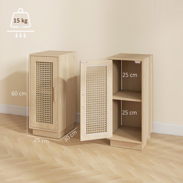 HOMCOM Set da 2 Comodini con Ripiano Regolabile e Anta in Resina Intrecciata, Stile Boho, 25x30x60 cm, Legno Naturale | Aosom Italy