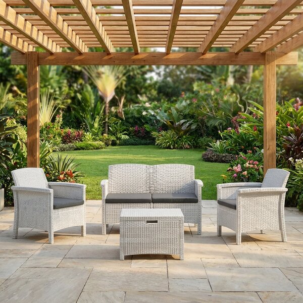 BICA Salotto da Giardino con Divano 2 Posti 2 Poltrone e Tavolino con Cuscini in Rattan PE colore Bianco - Venezia 2