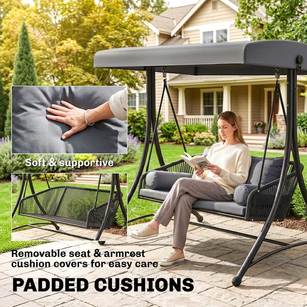 Outsunny Dondolo Stile Hollywood in Rattan 2 Posti con Tetto Parasole Regolabile, Cuscino Morbido, Struttura a Telaio, Grigio Scuro | Aosom Italy