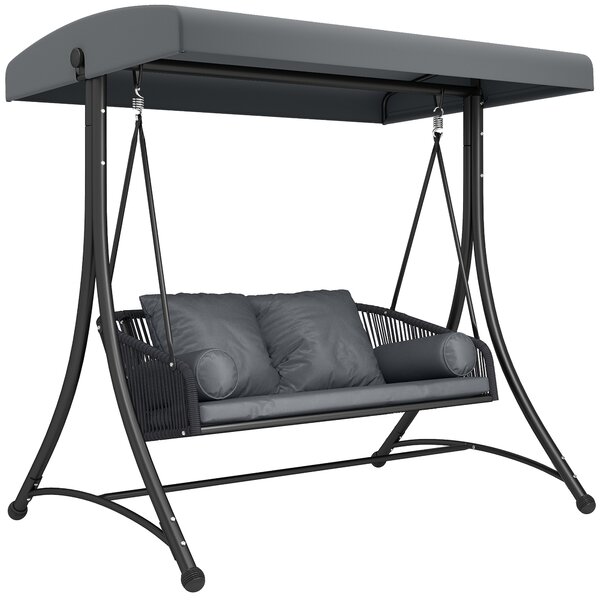 Outsunny Dondolo Stile Hollywood in Rattan 2 Posti con Tetto Parasole Regolabile, Cuscino Morbido, Struttura a Telaio, Grigio Scuro | Aosom Italy