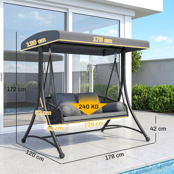 Outsunny Dondolo Stile Hollywood in Rattan 2 Posti con Tetto Parasole Regolabile, Cuscino Morbido, Struttura a Telaio, Grigio Scuro | Aosom Italy