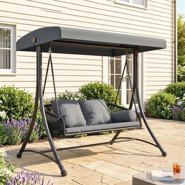 Outsunny Dondolo Stile Hollywood in Rattan 2 Posti con Tetto Parasole Regolabile, Cuscino Morbido, Struttura a Telaio, Grigio Scuro | Aosom Italy