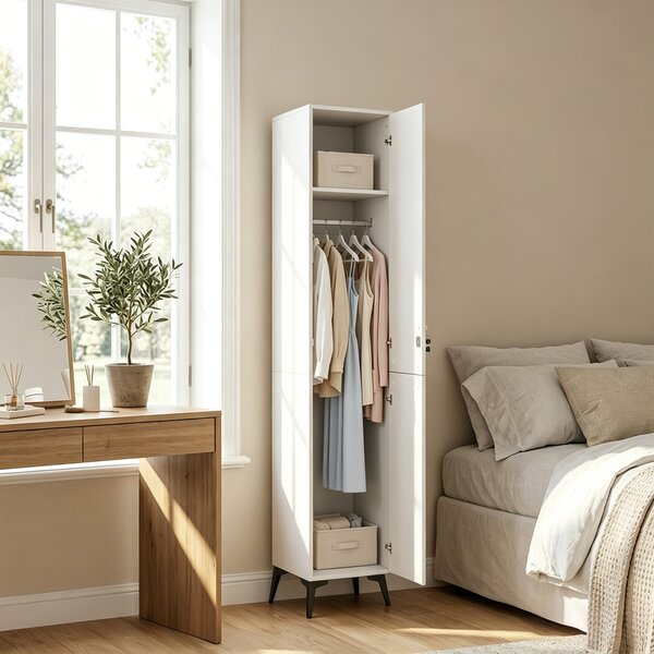 HOMCOM Armadio stretto con porta, asta e ripiani di stoccaggio per camera, 36x40x180 cm, bianco | Aosom Italy