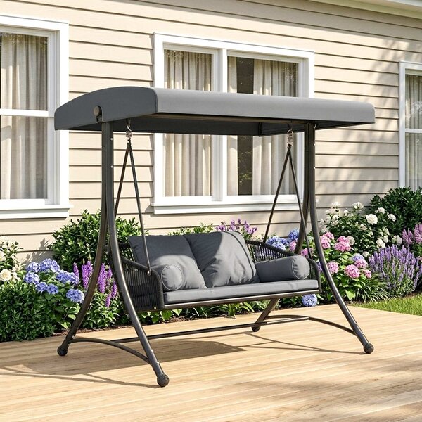 Outsunny Dondolo Stile Hollywood in Rattan 2 Posti con Tetto Parasole Regolabile, Cuscino Morbido, Struttura a Telaio, Grigio Scuro | Aosom Italy