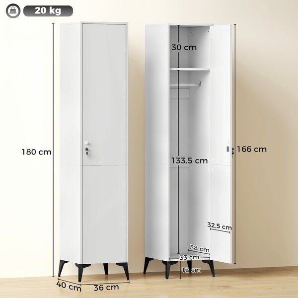 HOMCOM Armadio stretto con porta, asta e ripiani di stoccaggio per camera, 36x40x180 cm, bianco | Aosom Italy