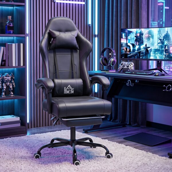 HOMCOM Sedia Gaming Ergonomica, Poltrona Gamer con Supporto Lombare Massaggiante e Schienale Reclinabile, Altezza Regolabile, Nero | Aosom Italy