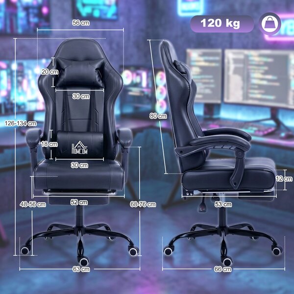 HOMCOM Sedia Gaming Ergonomica, Poltrona Gamer con Supporto Lombare Massaggiante e Schienale Reclinabile, Altezza Regolabile, Nero | Aosom Italy