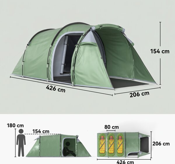 Outsunny Tenda da Campeggio 3 Posti con Ampio Vestibolo, Telo Impermeabile Porte con Cerniera, 426x206x154cm Verde Scuro|Aosom