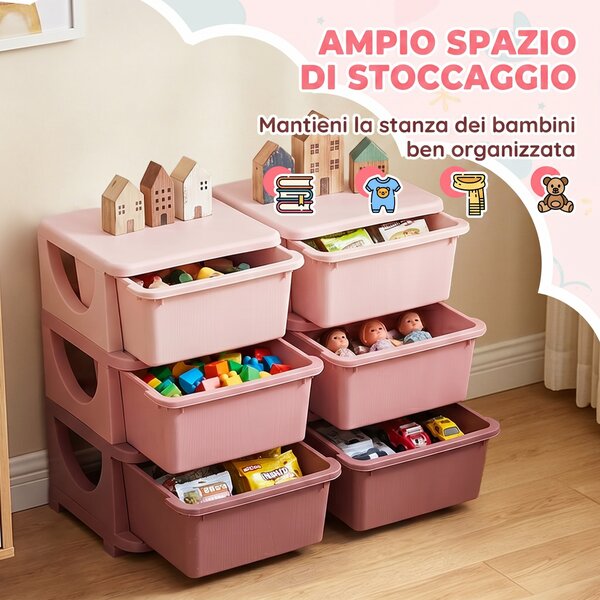 HOMCOM Cassettiera 6 Cassetti per Bambini 3-6 Anni con Bordi Arrotondati, in PP Rosa, 75x37x56.5 cm | Aosom Italy
