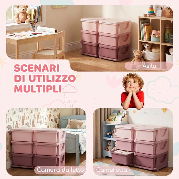 HOMCOM Cassettiera 6 Cassetti per Bambini 3-6 Anni con Bordi Arrotondati, in PP Rosa, 75x37x56.5 cm | Aosom Italy