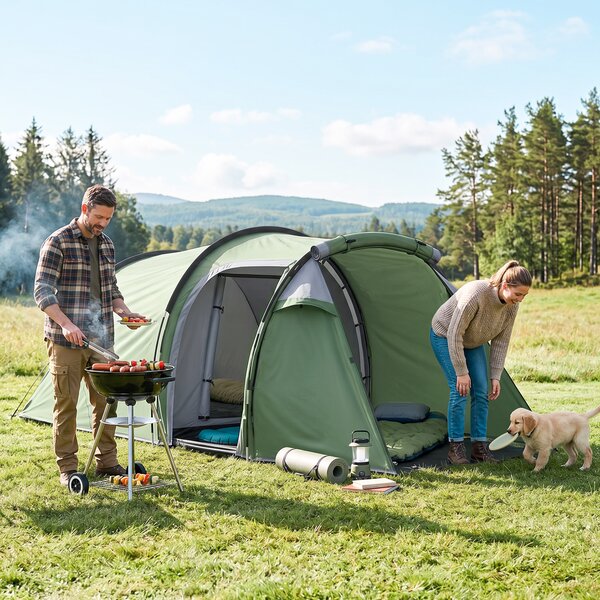 Outsunny Tenda da Campeggio 3 Posti con Ampio Vestibolo, Telo Impermeabile Porte con Cerniera, 426x206x154cm Verde Scuro|Aosom