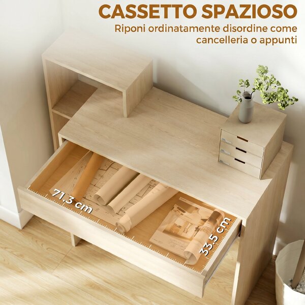 HOMCOM Scrivania PC Moderna con 3 Ripiani Aperti e Cassetto, in Legno, Color Legno, 100x40x90 cm | Aosom Italy